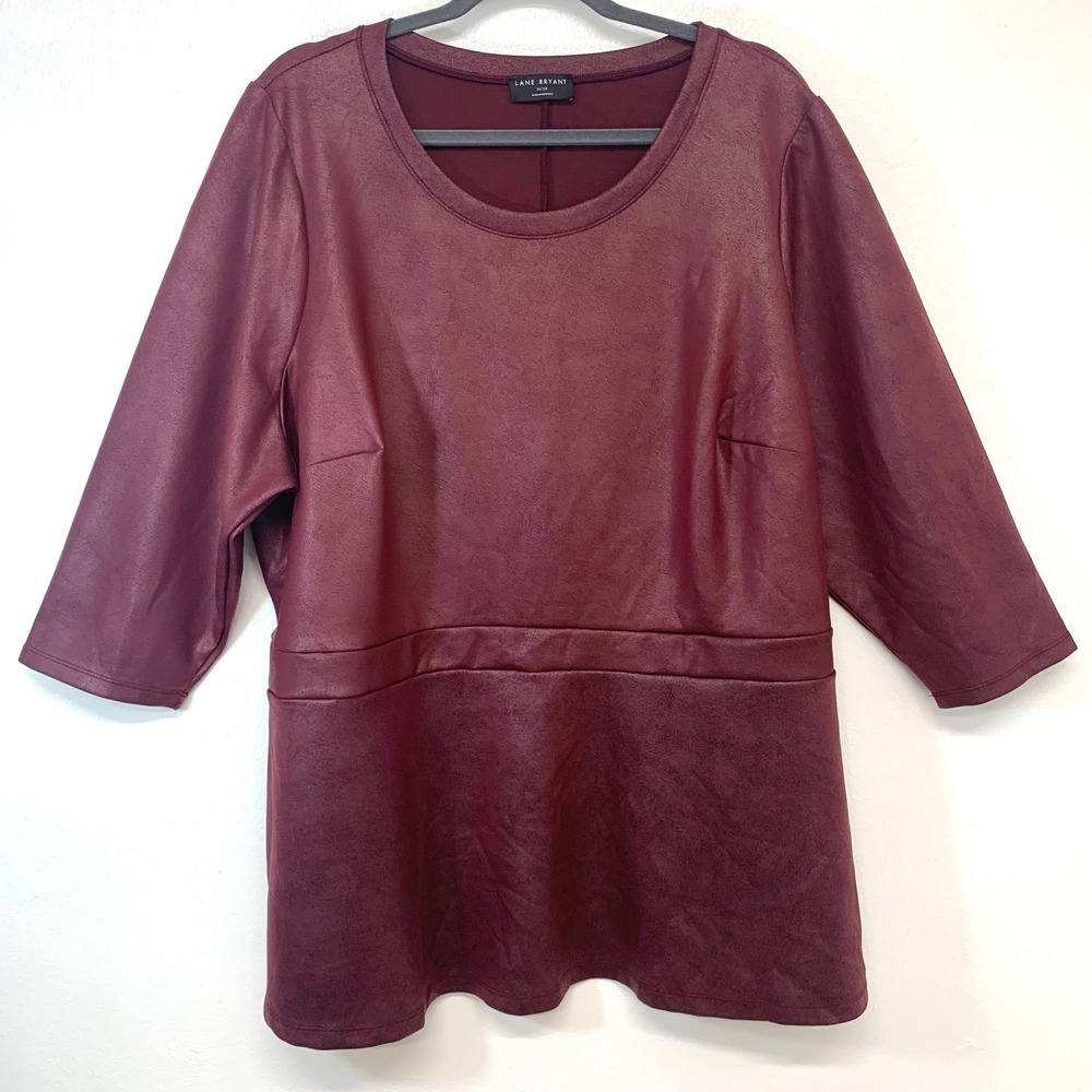 Lane Bryant Burgundy‎ Faux Leather Look Peplum  Top 26/28 Stretch 3/4 Sleeve